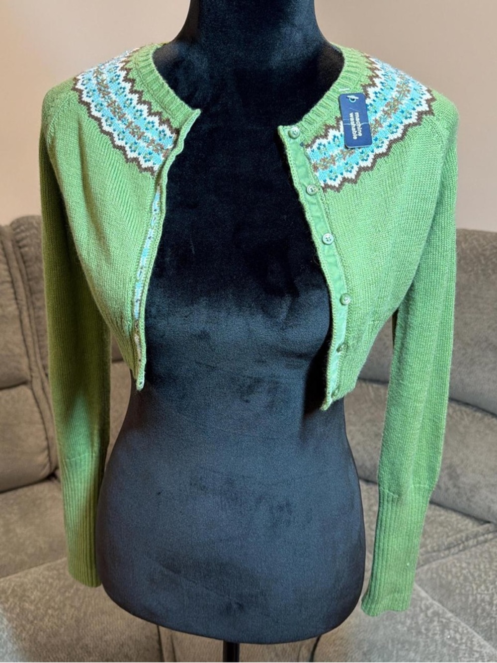 Green Fair Isle Cropped Button Cardigan Sweater